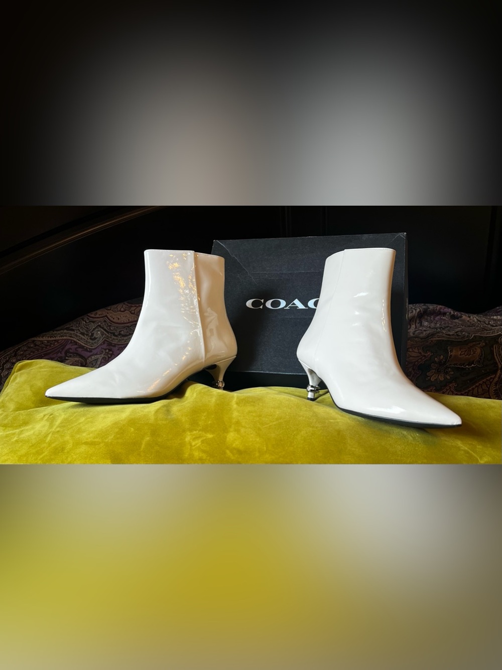 Coach Jewel White Patent Leather Pointed Ankle Booties